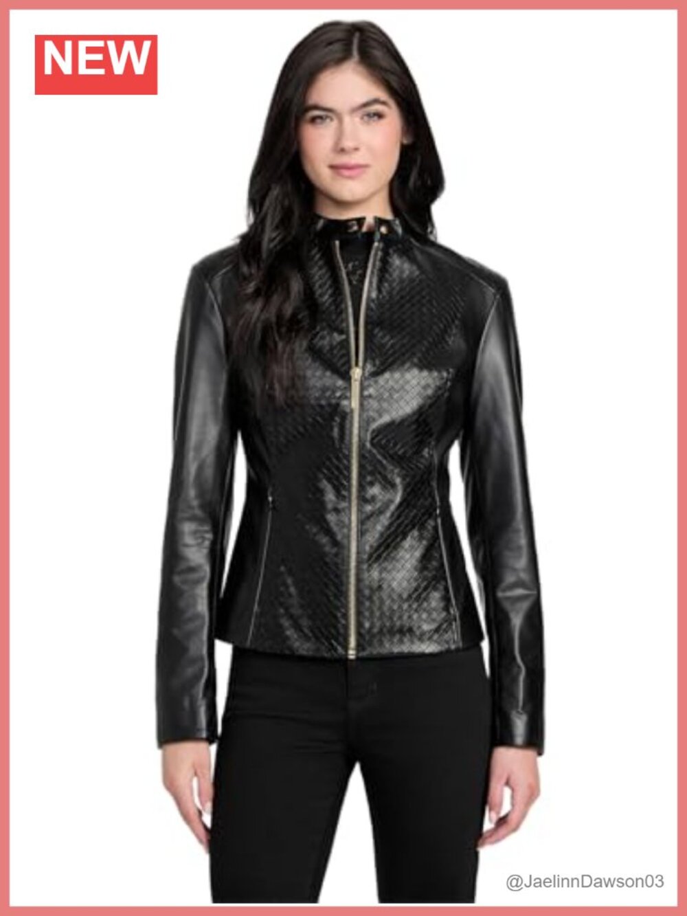 Faux Leather Biker Jacket Zip Cuff Embossed Panels Moto Style